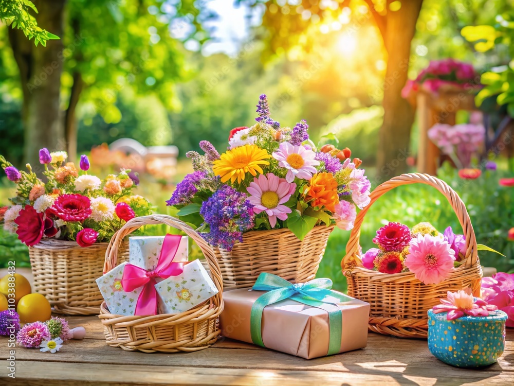 Beautiful Floral Baskets Filled with Thoughtful Gifts for Guests in a Lush Garden Setting, Perfect for Celebrations and Special Occasions Beautiful Floral Baskets Filled with Thoughtful Gifts for Guests in a Lush Garden Setting, Perfect for Celebrations and Special Occasions