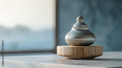 A wooden sculpture on a table in a serene setting. photo