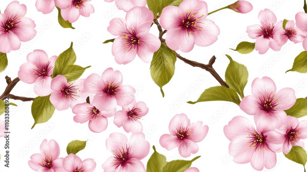Delicate Pink Cherry Blossoms With Green Leaves On Flowering Tree Branches In Spring Garden Delicate Pink Cherry Blossoms With Green Leaves On Flowering Tree Branches In Spring Garden