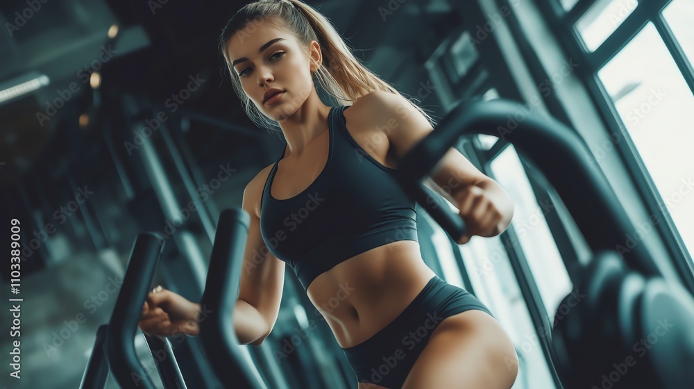 A woman in a gym working out on a cardio machine. A woman in a gym working out on a cardio machine.