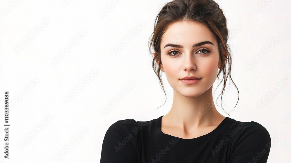 Confident Young Woman in Black Top Against Light Background Confident Young Woman in Black Top Against Light Background
