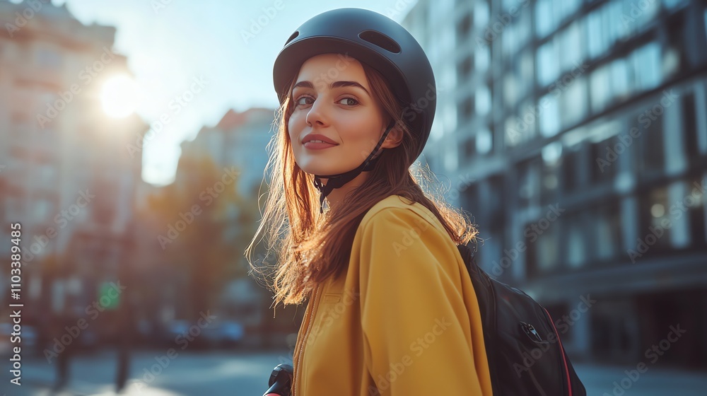 A young woman in a helmet, smiling, on a city street. A young woman in a helmet, smiling, on a city street.