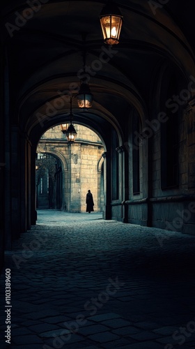 A dark figure hides beneath an archway at dusk, the only light coming from distant lanterns. Shadows stretch across the cobbled streets, creating an eerie feeling