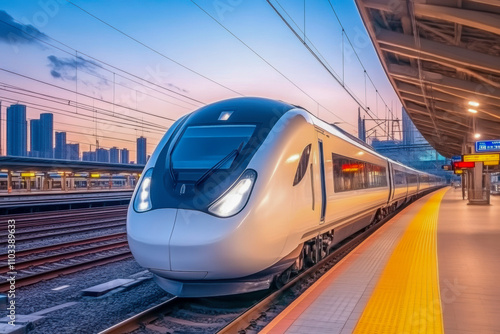 A train with yellow and white stripes is traveling down the tracks