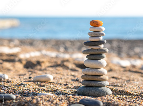 Pyramids of sea pebbles on the beach against the sea on a Sunny day