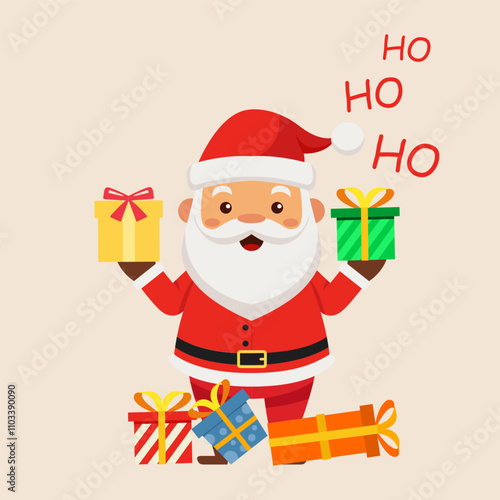 Christmas card colorful gift bag or box design with santa and ho ho ho text, flat design style illustration
