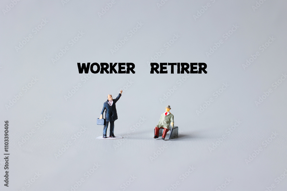 A miniature model of businessmen and a retired man isolated on a white background. A miniature model of businessmen and a retired man isolated on a white background.
