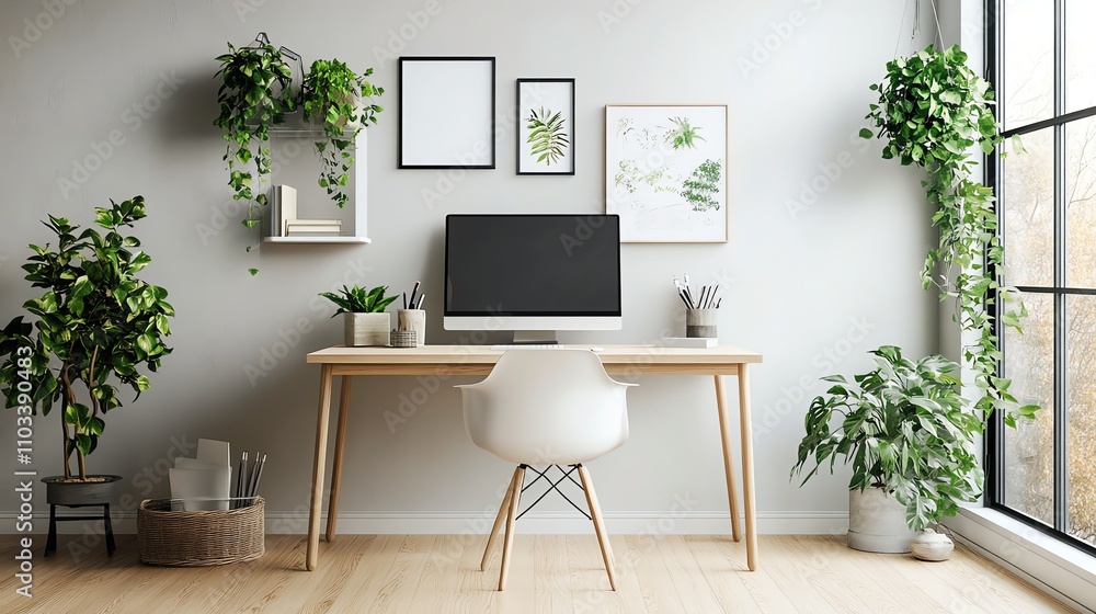 A minimalist home office with a desk, computer, chair, and plants. A minimalist home office with a desk, computer, chair, and plants.