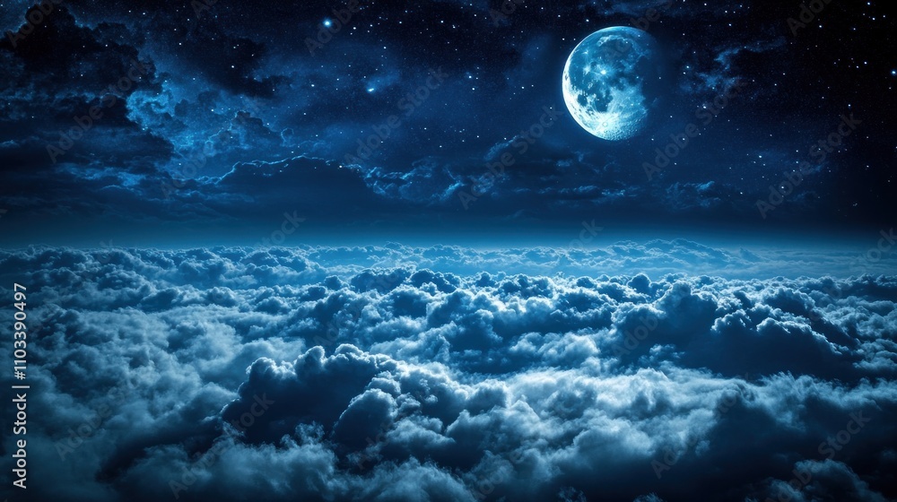Serene night sky over clouds with a glowing moon. Serene night sky over clouds with a glowing moon.