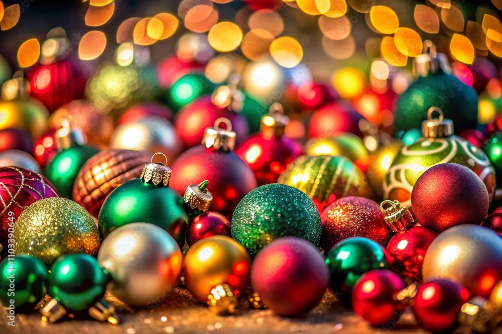 Beautiful Tilt-Shift Photography of Colorful Christmas Baubles and Ornaments, Celebrating December Holidays with Vibrant Decorations and Copy Space for Text Beautiful Tilt-Shift Photography of Colorful Christmas Baubles and Ornaments, Celebrating December Holidays with Vibrant Decorations and Copy Space for Text