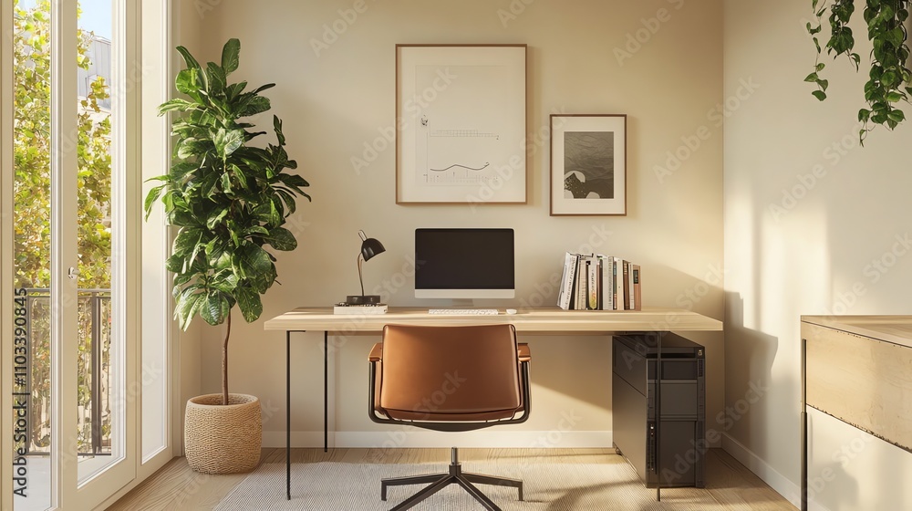 A minimalist home office with a desk, computer, chair and plants. A minimalist home office with a desk, computer, chair and plants.