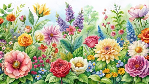 Beautiful Watercolor Flower Garden Border for Nature Backgrounds and Floral Designs in Soft Pastel Colors, Perfect for Invitations and Home Decor Projects