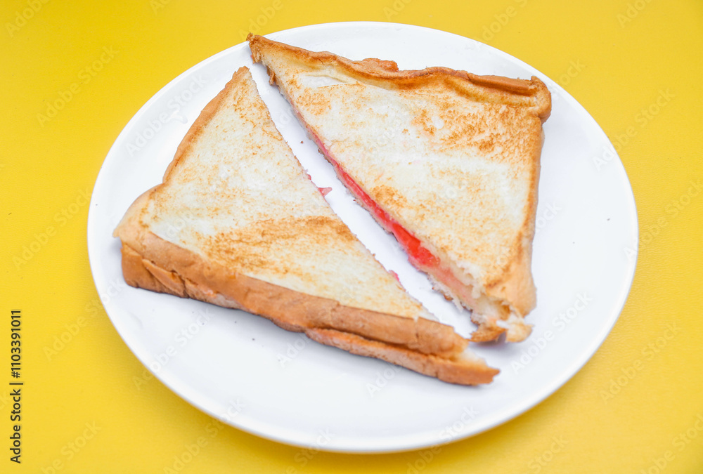 close up of white toast bread with strawberry jam on a plate, two sliced bread isolated on yellow background. Simple breakfast Toast with jam close up of white toast bread with strawberry jam on a plate, two sliced bread isolated on yellow background. Simple breakfast Toast with jam