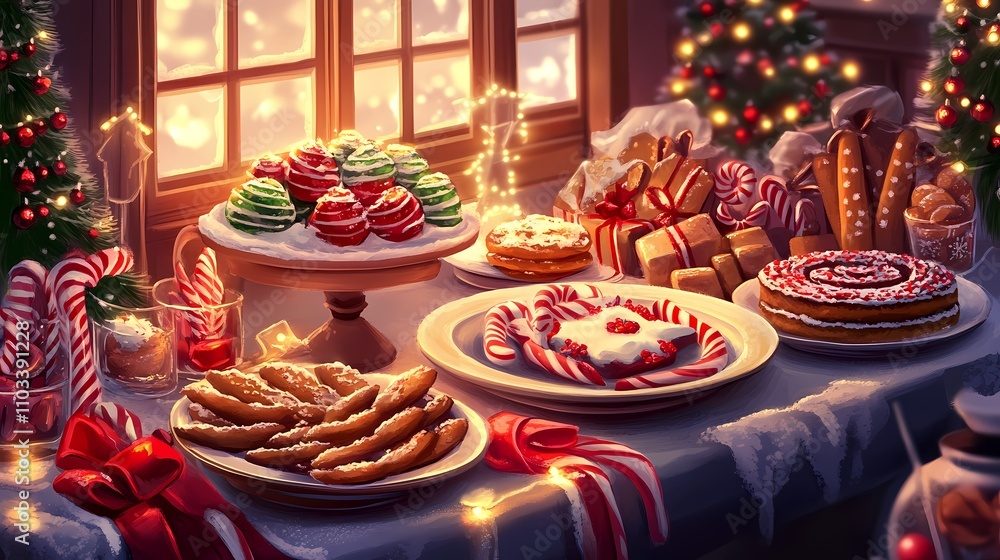 Festive Holiday Dessert Table with Colorful Cookies, Cakes, and Candies in Cozy Warm Atmosphere Surrounded by Christmas Decorations and Lights Festive Holiday Dessert Table with Colorful Cookies, Cakes, and Candies in Cozy Warm Atmosphere Surrounded by Christmas Decorations and Lights