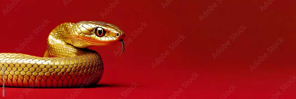 golden snake, year of the snake, solid red background, copy space golden snake, year of the snake, solid red background, copy space