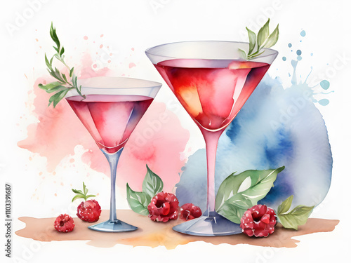 A still life watercolor painting of two martini cocktails with floral decorations.