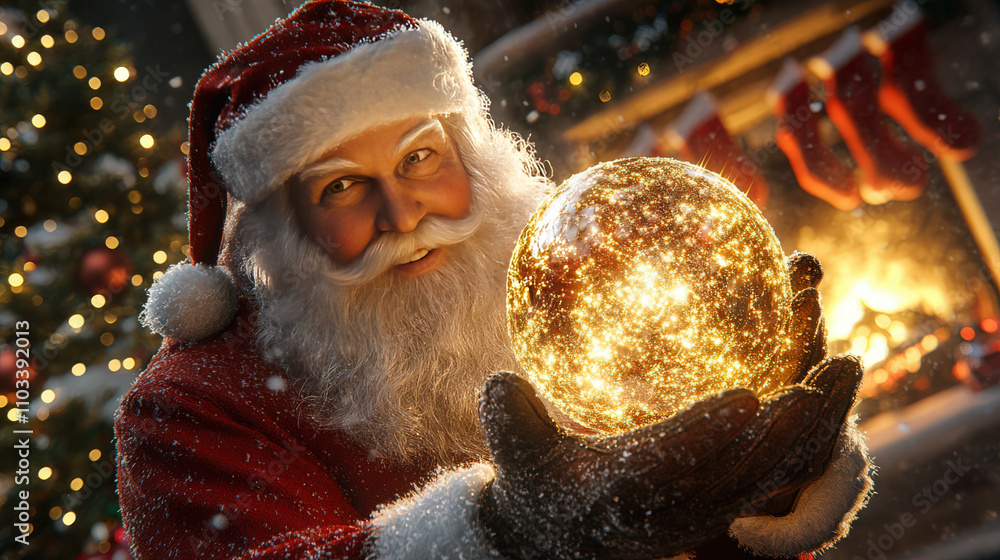 Happy Santa Claus holds a glowing ball against the background of a Christmas tree and fireplace. New Year background. Happy Santa Claus holds a glowing ball against the background of a Christmas tree and fireplace. New Year background.