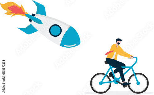 Businessman runs away under broken rocket. Fail startup concept.
