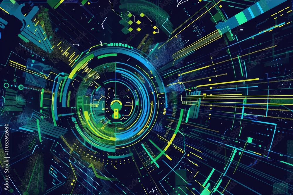 Obraz premium Abstract digital design featuring circular patterns and vibrant lines, symbolizing technology.