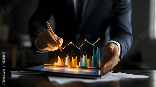 A businessman analyzes data on a tablet, illustrating a rising graph with colorful bars and lines, emphasizing trends and insights.