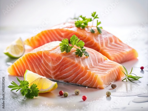 Captivating Low Light Photography of Fresh Salmon Fillets on White Background, Highlighting Their Rich Color and Texture for Culinary and Food Photography Use