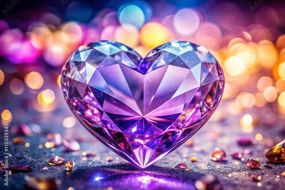 Captivating Macro Photography of a Purple Crystal Clear Heart Surrounded by Sparkling Diamonds, Emanating Elegance and Beauty in a Soft Blurred Background Captivating Macro Photography of a Purple Crystal Clear Heart Surrounded by Sparkling Diamonds, Emanating Elegance and Beauty in a Soft Blurred Background