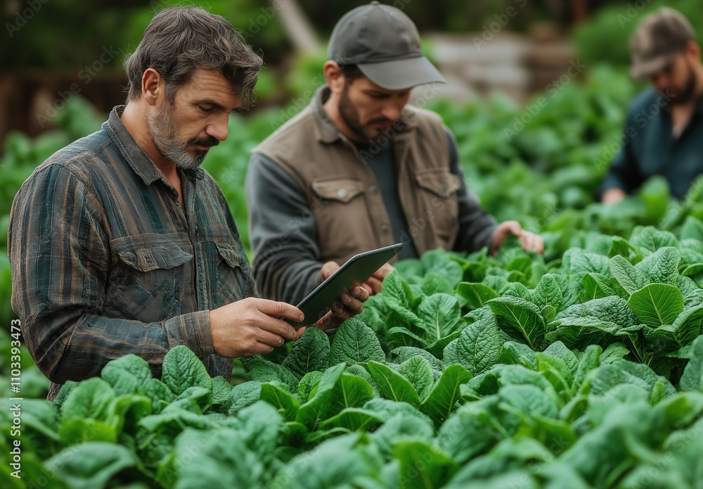 Farmers inspecting tobacco leaves with digital tablet. Farmers inspecting tobacco leaves with digital tablet.