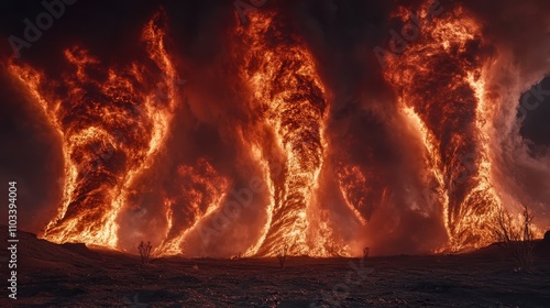 Dramatic wildfire flames creating a surreal landscape of fire and smoke. photo