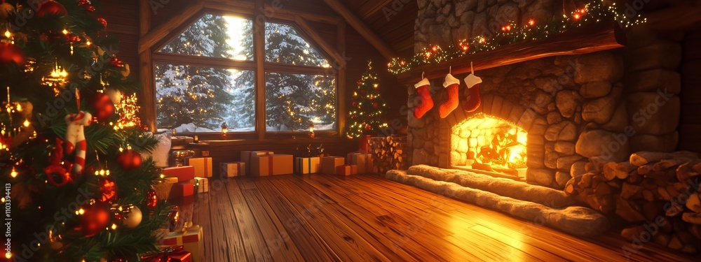 Obraz premium Holiday Decorated Living Room with Christmas Tree and new year Ornaments.Concept of Holiday cheer, family gathering, holiday decor,Home decor, interior design, retail, real estate, holiday marketing.