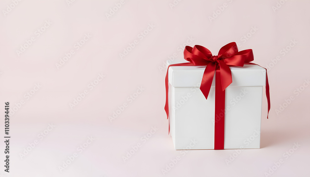 White gift box with red ribbon on soft pink background for festive occasions and celebrations White gift box with red ribbon on soft pink background for festive occasions and celebrations