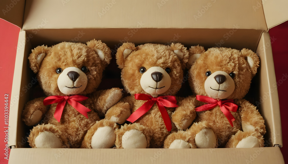 Adorable teddy bears with red ribbons in a cardboard box for children’s gifts and celebrations Adorable teddy bears with red ribbons in a cardboard box for children’s gifts and celebrations
