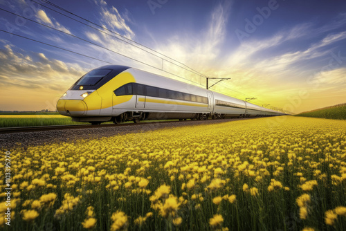 A train is traveling down a track next to a field of yellow flowers