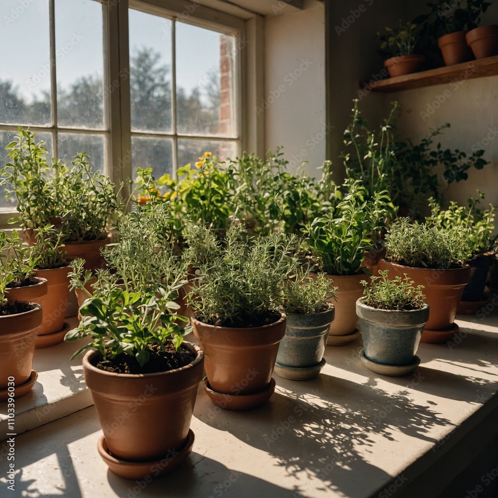 A sunny windowsill filled with thriving herbs in ceramic pots. A sunny windowsill filled with thriving herbs in ceramic pots.