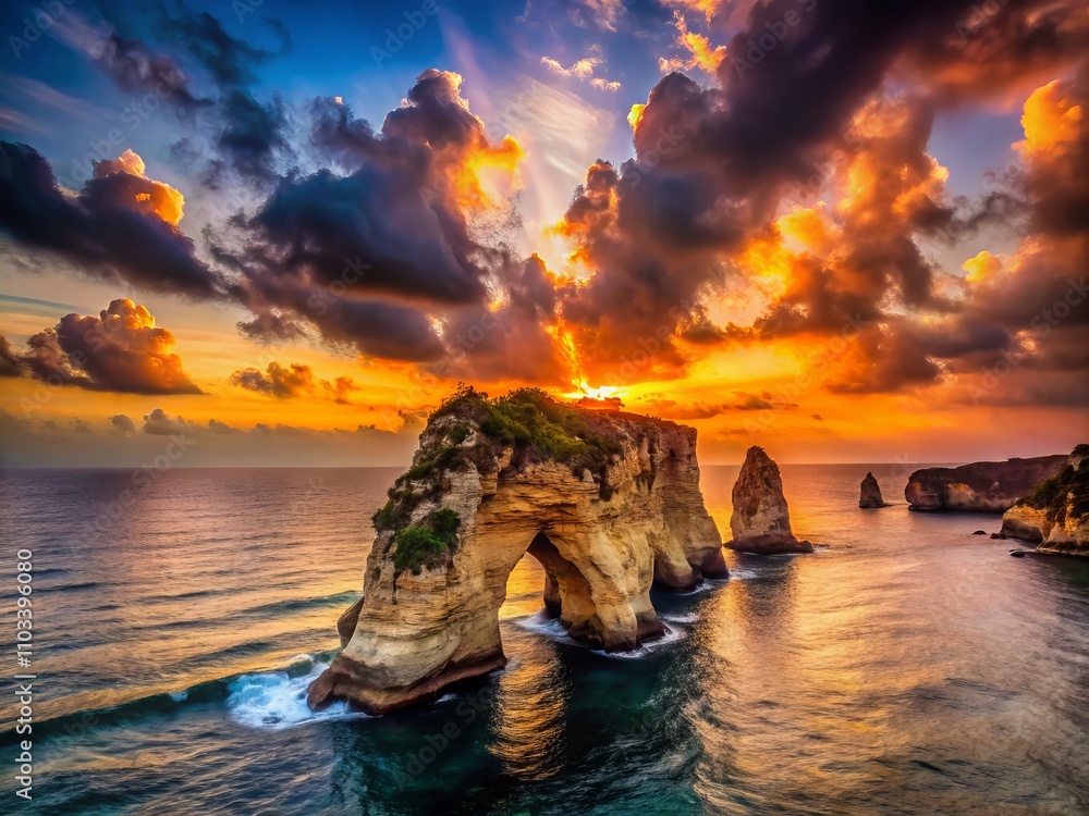 Fototapeta premium Captivating Silhouette of Pigeon Rock at Sunset: Iconic Landmark of Beirut, Lebanon Overlooking the Mediterranean Sea in a Stunning Display of Nature’s Beauty and Urban Charm