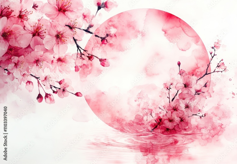 Delicate Cherry Blossom Flowers Surrounding Soft Pink Circle with Gentle Reflection in Calm Water, Ideal for Spring-Themed Design and Artistic Projects Delicate Cherry Blossom Flowers Surrounding Soft Pink Circle with Gentle Reflection in Calm Water, Ideal for Spring-Themed Design and Artistic Projects