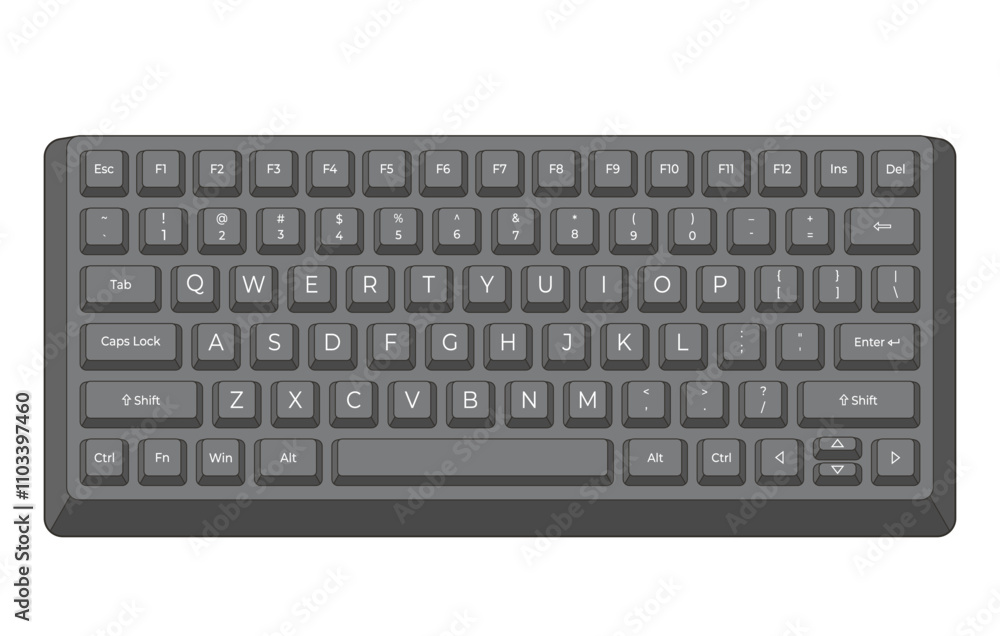 Black keyboard with outline and letters in minimalistic volume style Black keyboard with outline and letters in minimalistic volume style