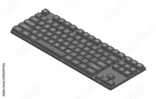 Black isometric keyboard with outline and letters and numpad in minimalistic volumetric style