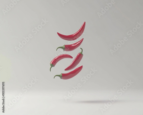 Fresh red chili peppers floating gracefully against clean white background, showcasing their vibrant color and smooth texture. Perfect for culinary themes or spice related content photo