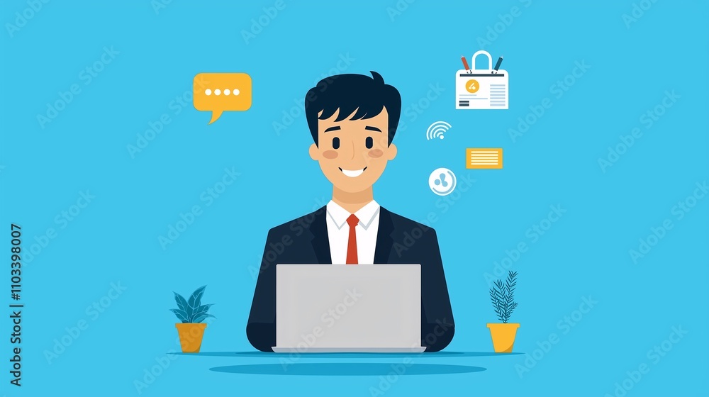Professional Businessman Using Laptop with Icons Representing Artificial Intelligence and Technology on a Bright Blue Background Professional Businessman Using Laptop with Icons Representing Artificial Intelligence and Technology on a Bright Blue Background