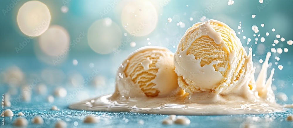 Two scoops of ice cream melting with splashes on a blue background. Two scoops of ice cream melting with splashes on a blue background.