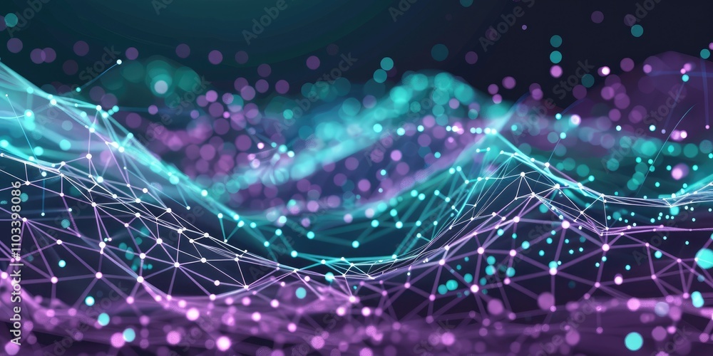 Obraz premium Abstract digital landscape featuring flowing lines and glowing particles.