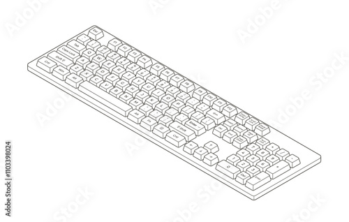 Outline isometric keyboard with numpad and letters in minimalistic volumetric style