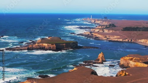 Point Arena Lighthouse Racas Sea Lion Rocks Cove California aerial drone Stornetta coastal Trail Mendocino coast vista point sunny daytime morning afternoon blue sky waves nature autumn circle left photo