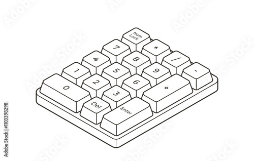 Outline isometric numpad with letters in minimalistic volumetric style