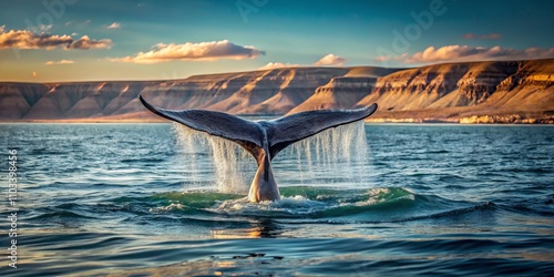 Captivating Whale Tail Above Water During a Whale Watching Tour in Puerto Madryn, Patagonia, Argentina - A Minimalist Perspective of Nature's Majestic Giants