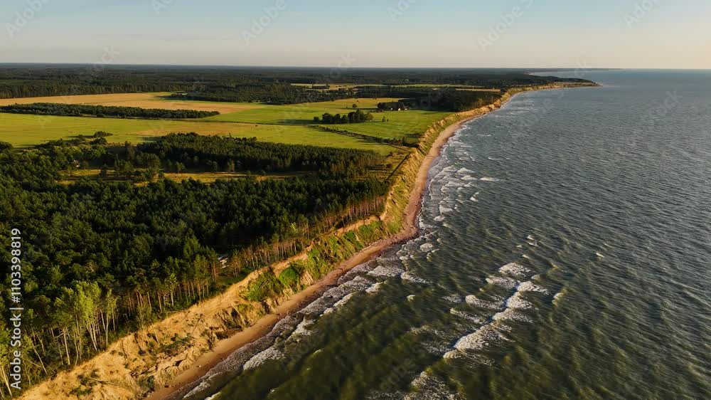 Dramatic Sea Cliffs Carved Out By Powerful Storms And Rising Sea Levels; Slow Aerial Parallax Revealing The Fast Receding Shorelines Of Jurkalne, Latvia. Dramatic Sea Cliffs Carved Out By Powerful Storms And Rising Sea Levels; Slow Aerial Parallax Revealing The Fast Receding Shorelines Of Jurkalne, Latvia.