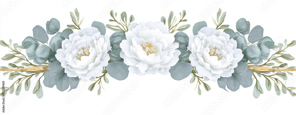 Elegant white peonies adorned with soft green eucalyptus leaves create beautiful floral arrangement, perfect for weddings or special occasions. This design exudes serene and romantic atmosphere Elegant white peonies adorned with soft green eucalyptus leaves create beautiful floral arrangement, perfect for weddings or special occasions. This design exudes serene and romantic atmosphere