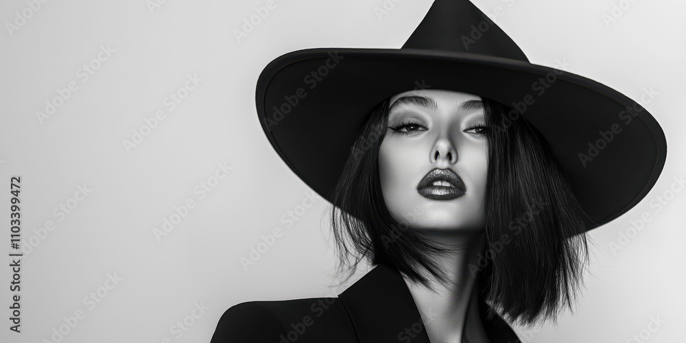 Striking portrait of female with stylish hat and bold makeup in black and white Striking portrait of female with stylish hat and bold makeup in black and white