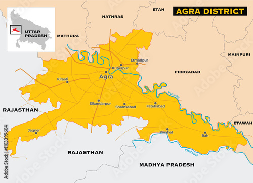 Detailed map of Agra city is a city of India, with major roads