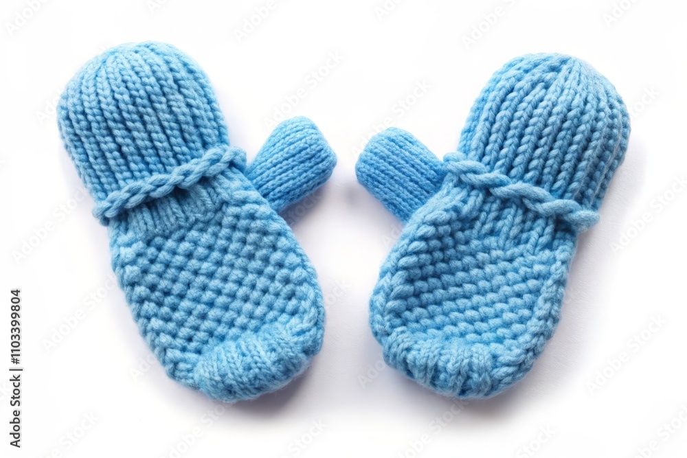 Charming Blue Knitted Baby Mittens on a White Background - Perfect for Winter Clothing and Seasonal Photography Charming Blue Knitted Baby Mittens on a White Background - Perfect for Winter Clothing and Seasonal Photography